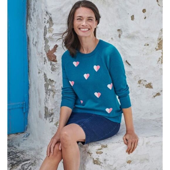 WOOLOVERS Heart Jumper Sweater Merino and Cashmere Teal Size Medium - Picture 1 of 5